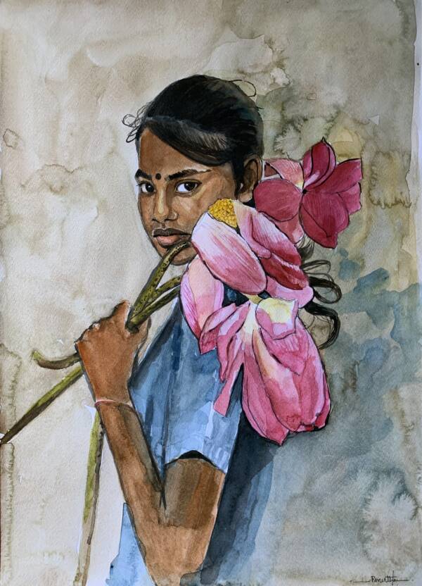 Girl with Lotus flowers